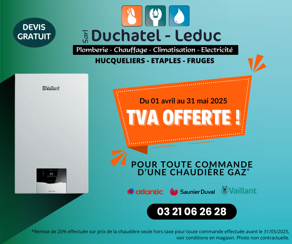 Offre de printemps: la TVA est offerte sur l'installation d'une chaudière au gaz du 01 avril au 31 mai 2025.